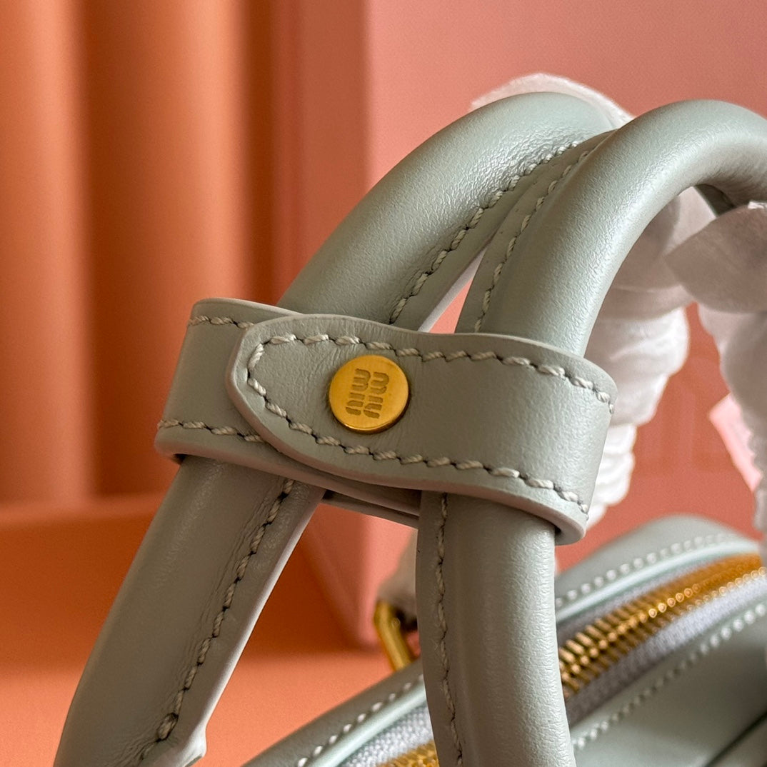 MIUMIU 26S ARCADIE BAG 19 IN SAGE GRAY CALFSKIN GOLD HARDWARE