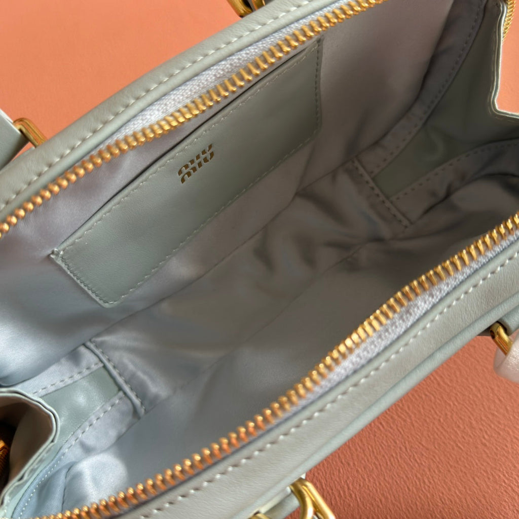 MIUMIU 26S ARCADIE BAG 19 IN SAGE GRAY CALFSKIN GOLD HARDWARE