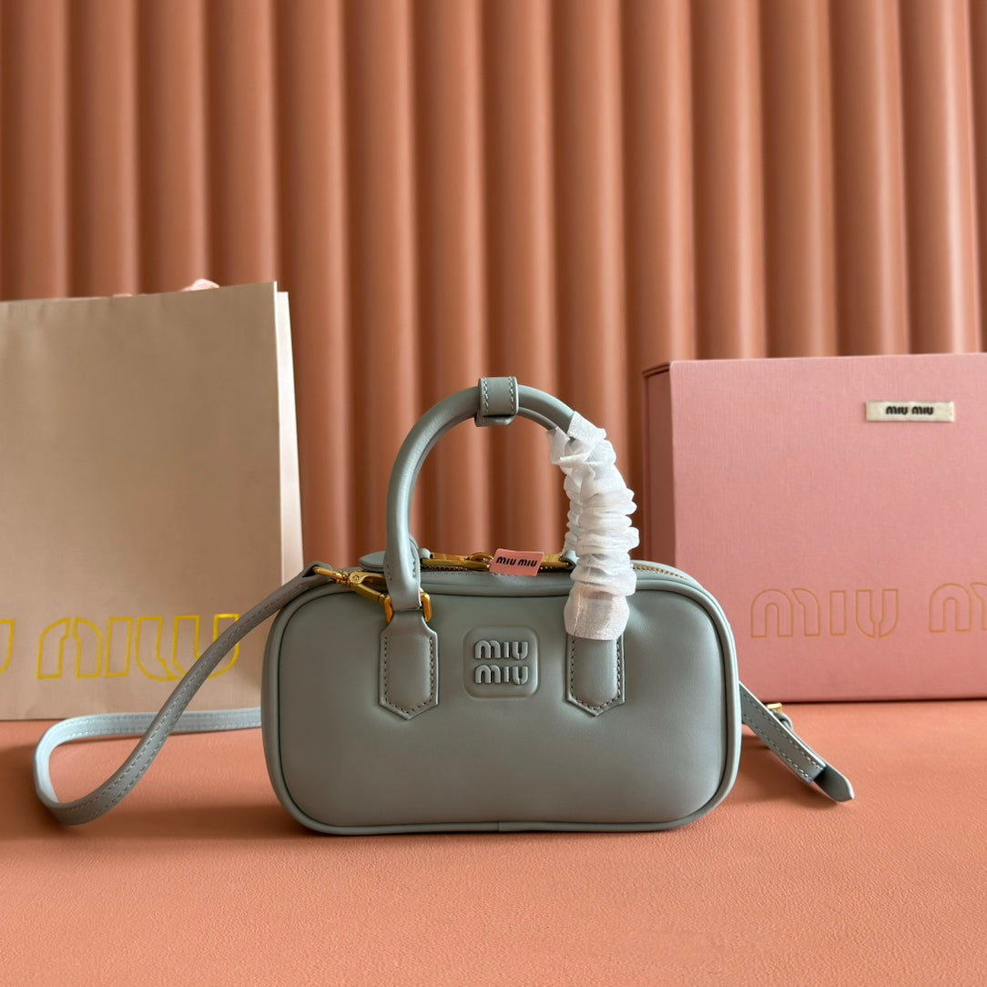 MIUMIU 26S ARCADIE BAG 19 IN SAGE GRAY CALFSKIN GOLD HARDWARE