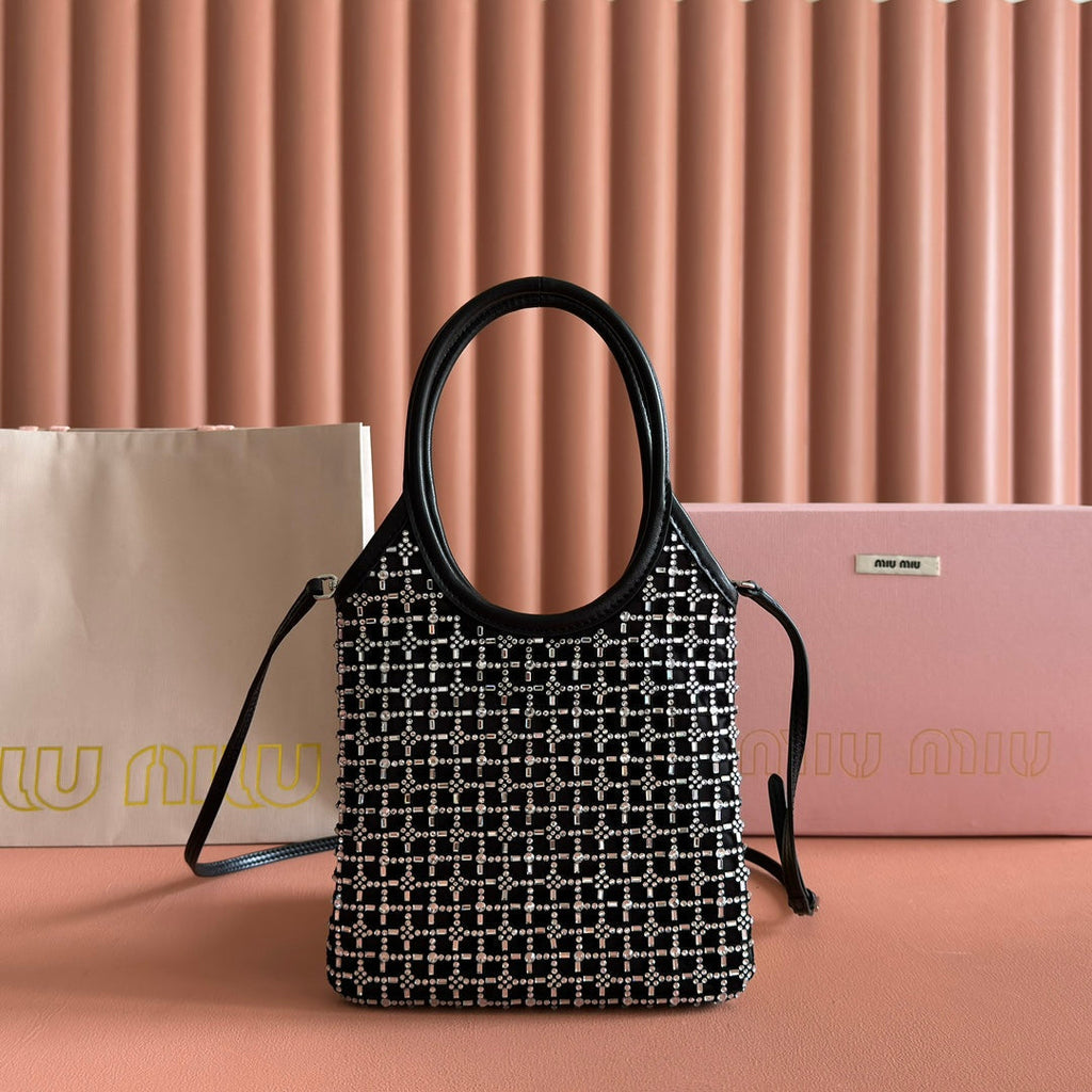 MIUMIU 26S CRYSTAL TOTE 24 BAG IN BLACK CALFSKIN