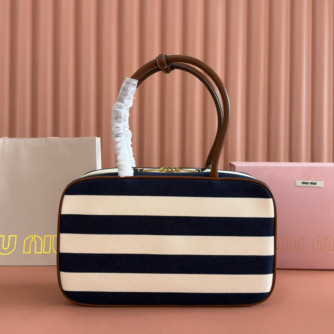 MIUMIU 25S BEAU BAG 34 DARK BLUE AND IVORY IN CANVAS AND CALFSKIN
