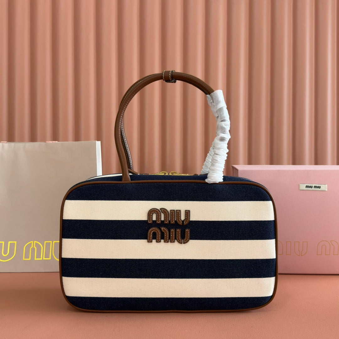 MIUMIU 25S BEAU BAG 34 DARK BLUE AND IVORY IN CANVAS AND CALFSKIN