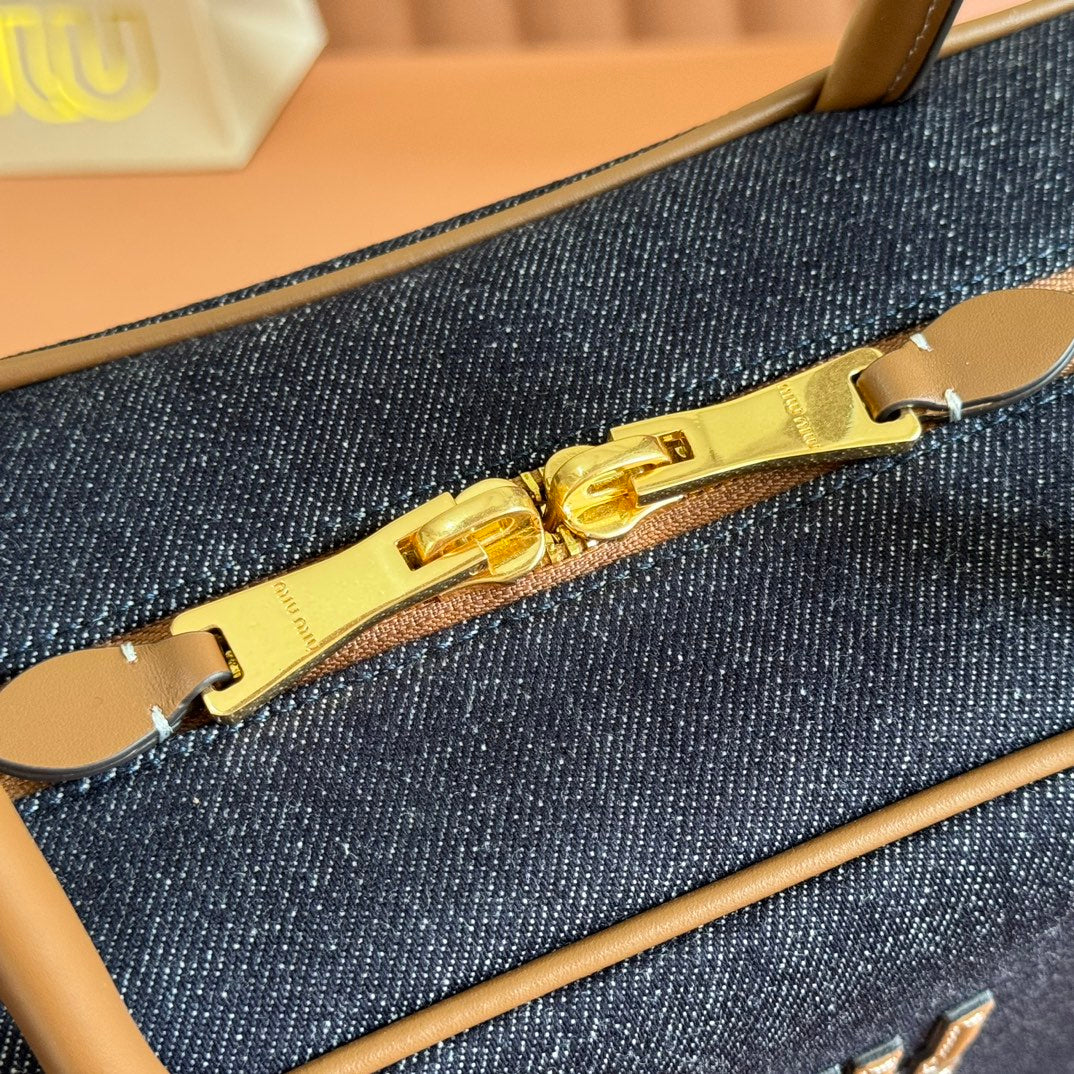 MIUMIU 25S BEAU DENIM BAG 34 IN DARK BLUE DENIM AND BROWN CALFSKIN