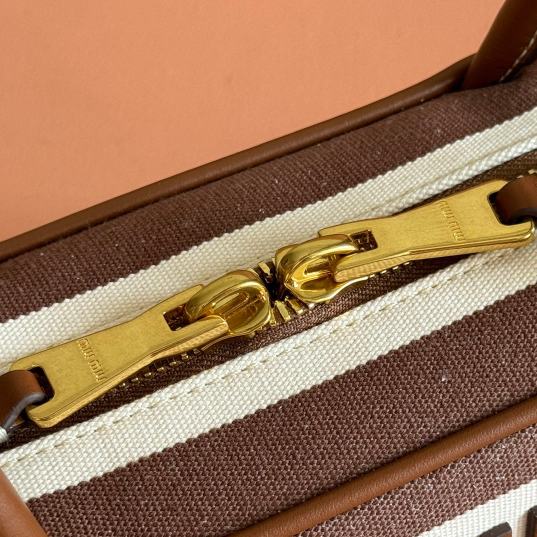 MIUMIU 25S BEAU BAG 28 BROWN AND BEIGE STRIPES IN CANVAS AND CALFSKIN
