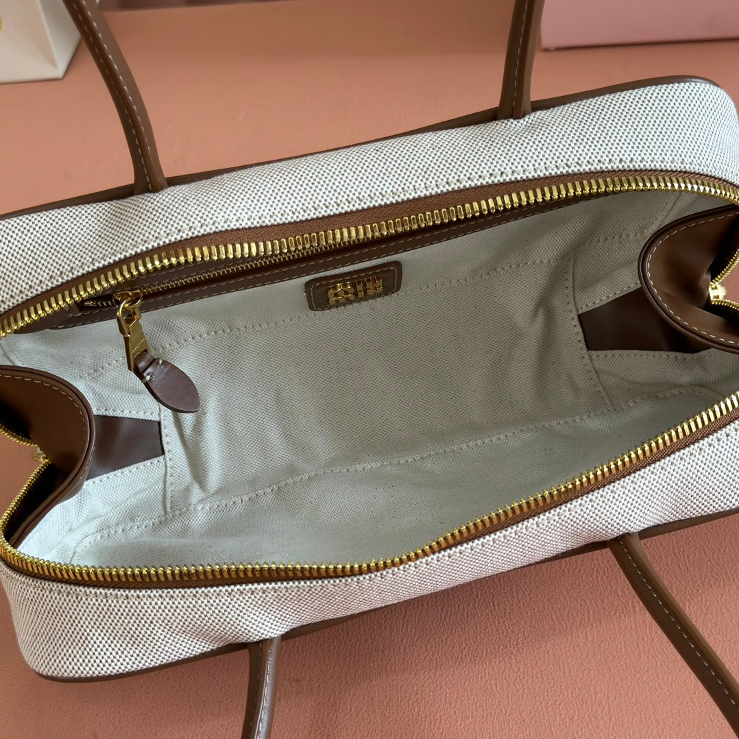 MIUMIU 25S BEAU BAG 28 BROWN AND BEIGE STRIPES IN CANVAS AND CALFSKIN