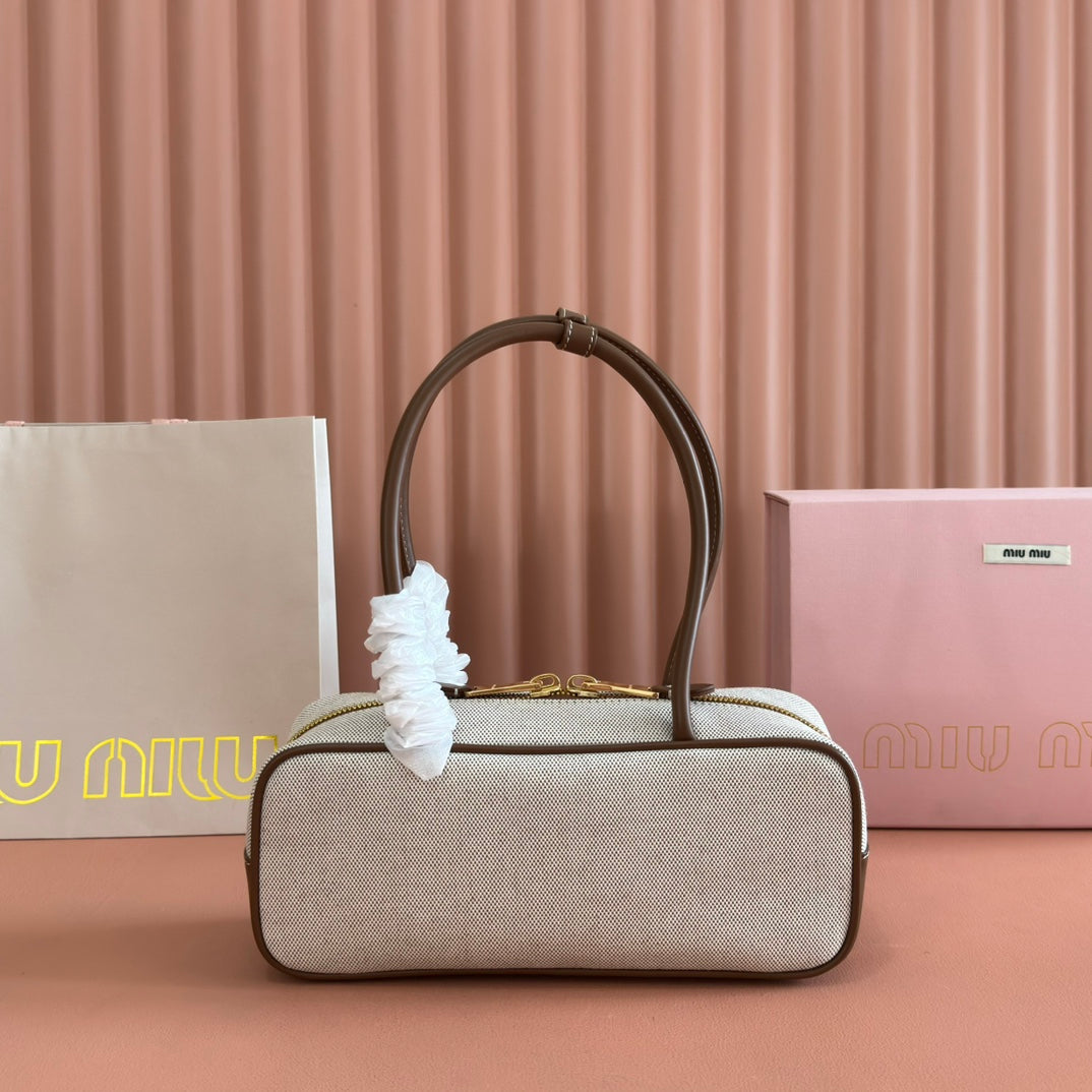 MIUMIU 25S BEAU CANVAS BAG 28 IN BEIGE CANVAS AND BROWN CALFSKIN