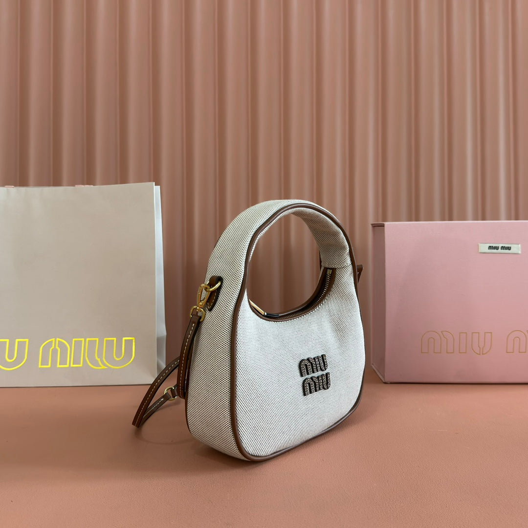 MIUMIU 25S WANDER BAG 20 IN BEIGE CANVAS AND BROWN CALFSKIN