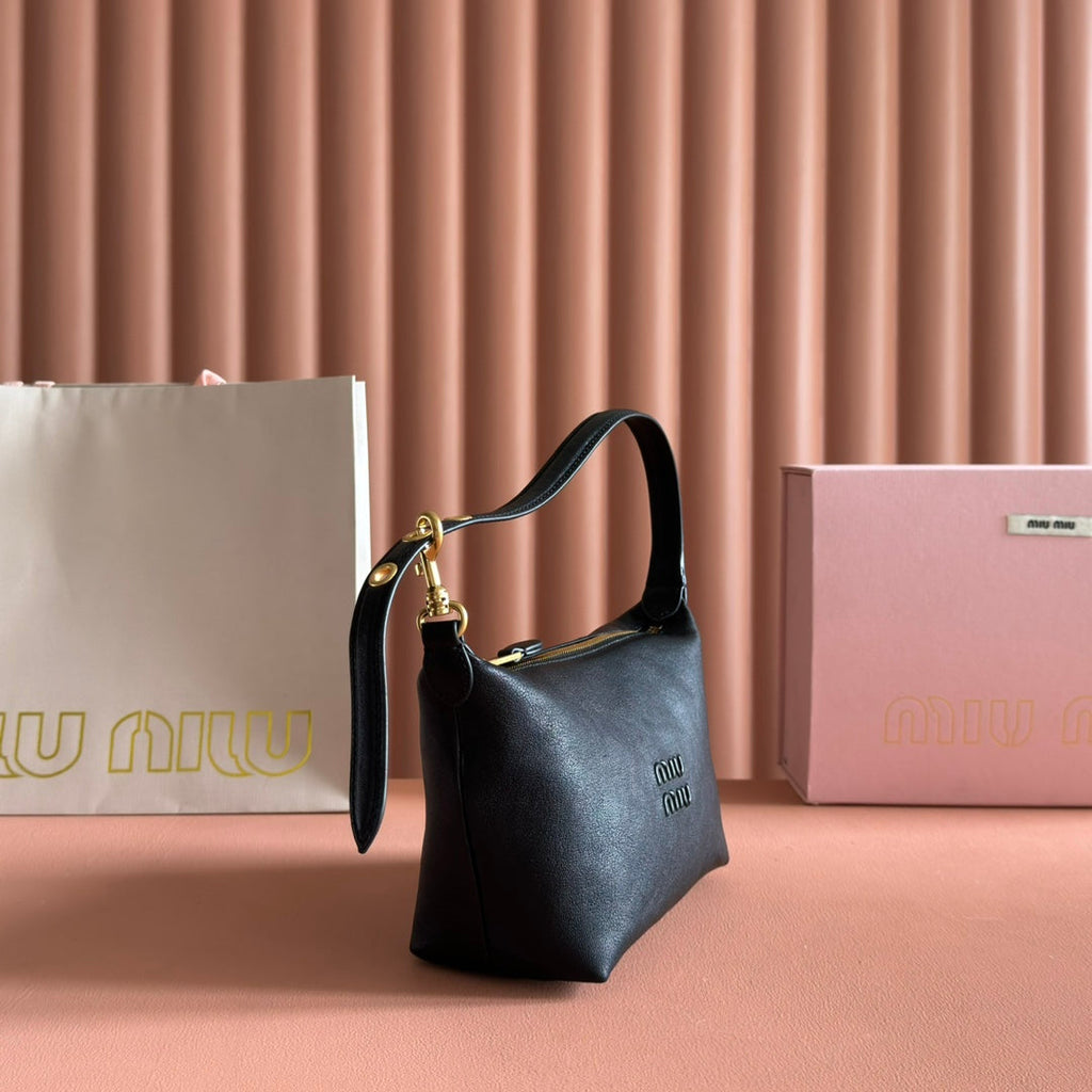 MIUMIU 26S CORDUROY POUCH BAG 25 IN BLACK CALFSKIN GOLD HARDWARE