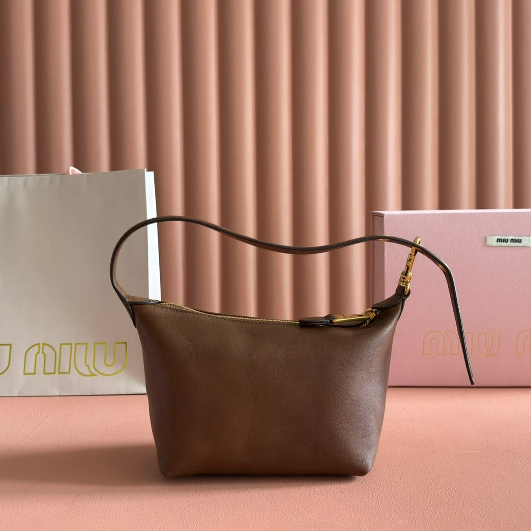 MIUMIU 26S CORDUROY POUCH BAG 25 IN BROWN CALFSKIN GOLD HARDWARE