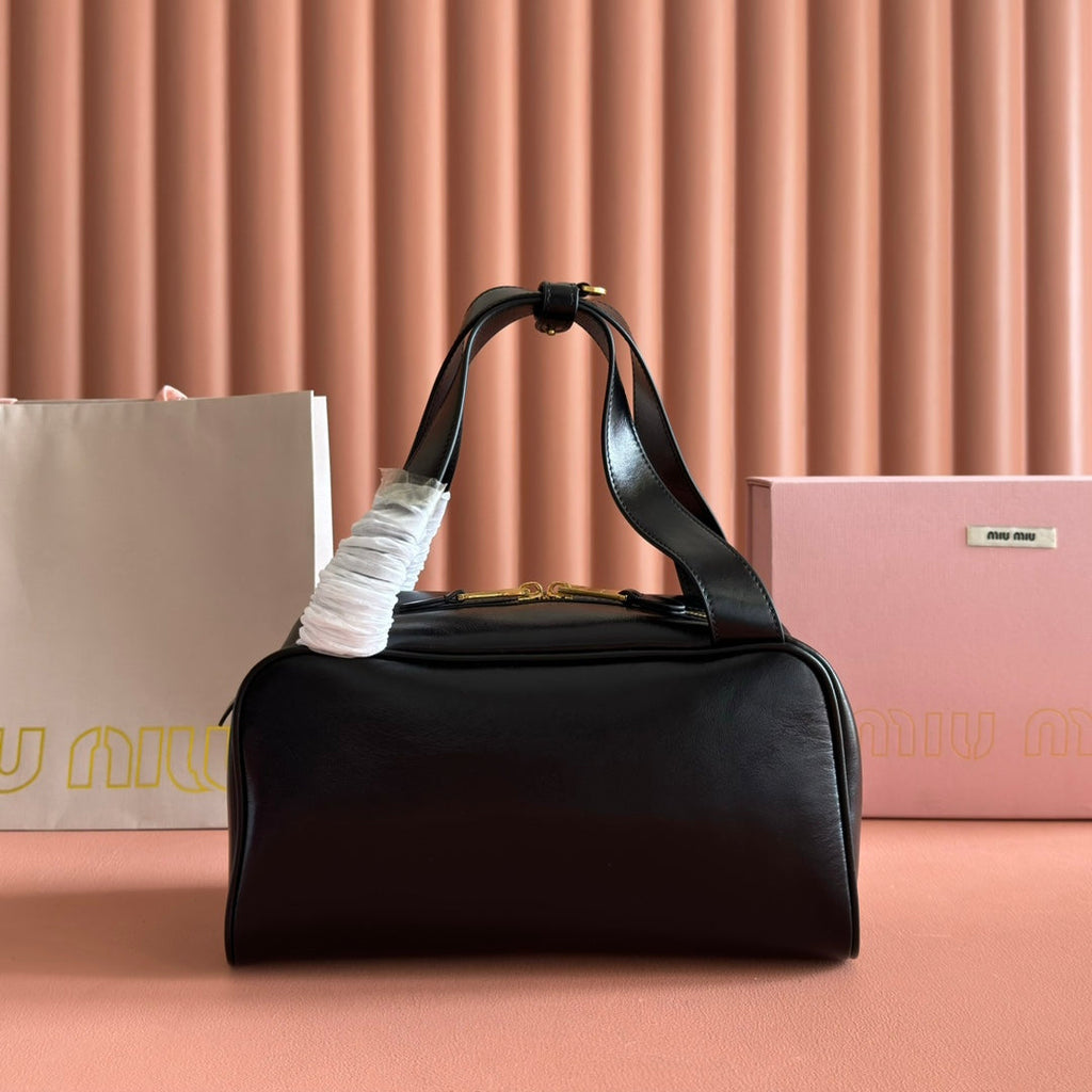 MIUMIU 26S TOP-HANDLE BAG 28 IN BLACK CALFSKIN GOLD HARDWARE