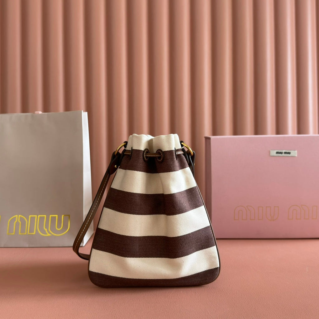 MIUMIU 26S BUCKET BAG 23 IN CREAM AND BROWN CANVAS GOLD HARDWARE