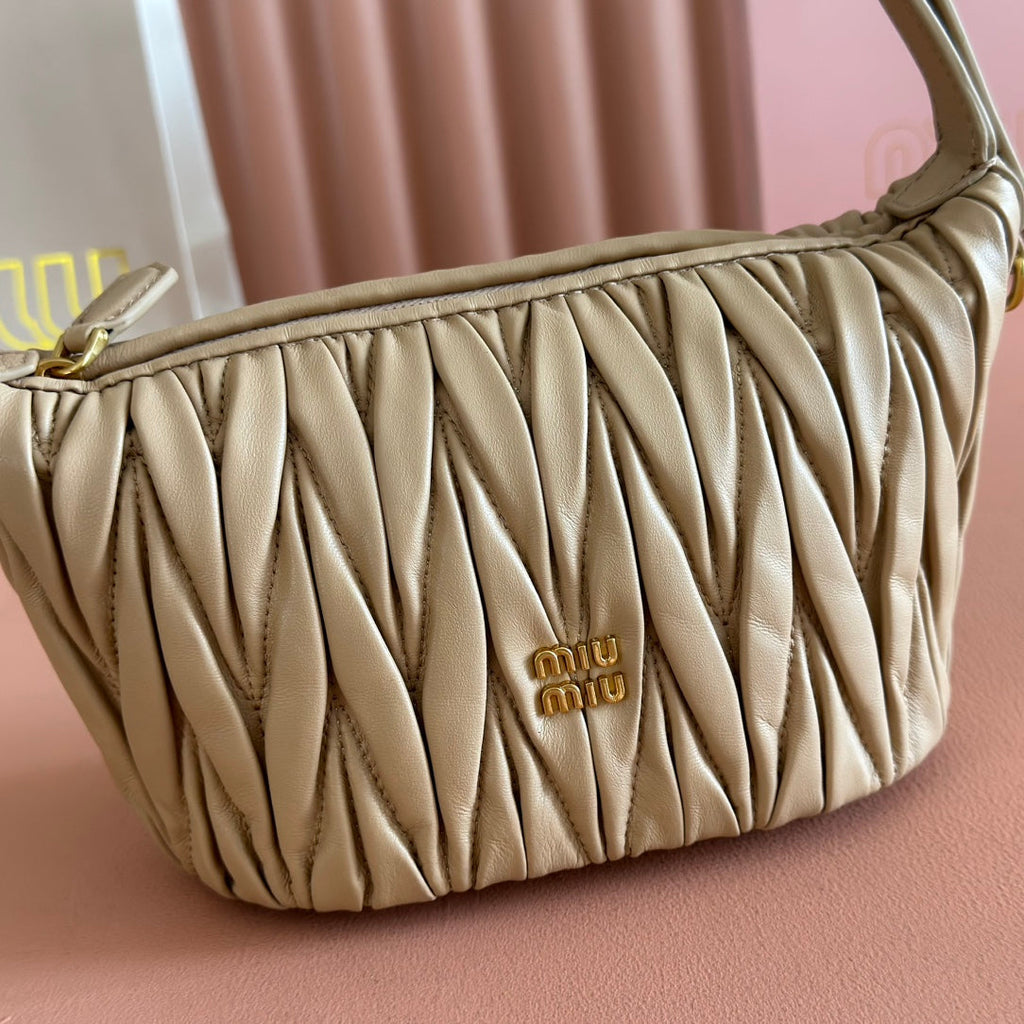 MIUMIU 26S POUCH BAG 15 IN DARK BEIGE CALFSKIN GOLD HARDWARE