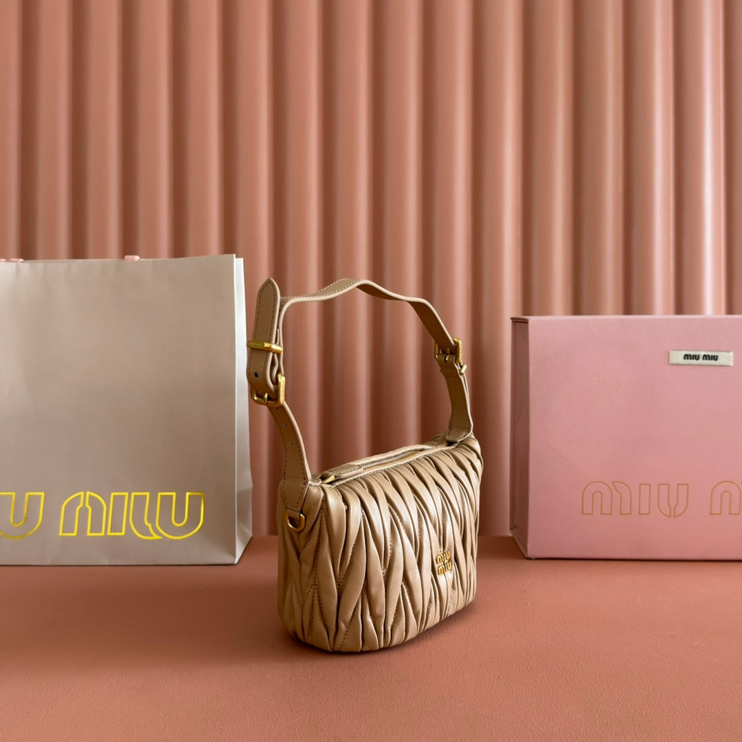 MIUMIU 26S POUCH BAG 15 IN DARK BEIGE CALFSKIN GOLD HARDWARE