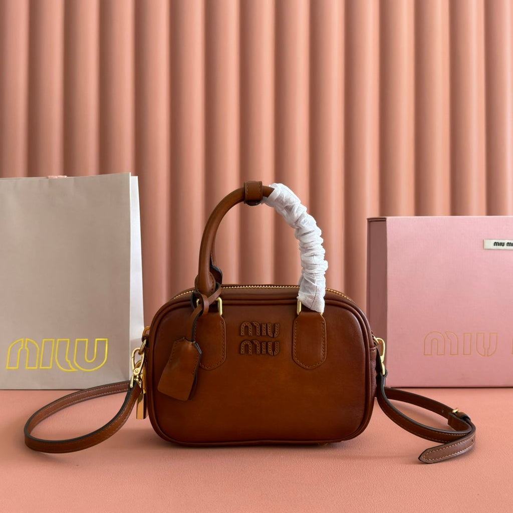 MIUMIU 26S ARCADIE BAG 19 IN TAN BROWN CALFSKIN GOLD HARDWARE