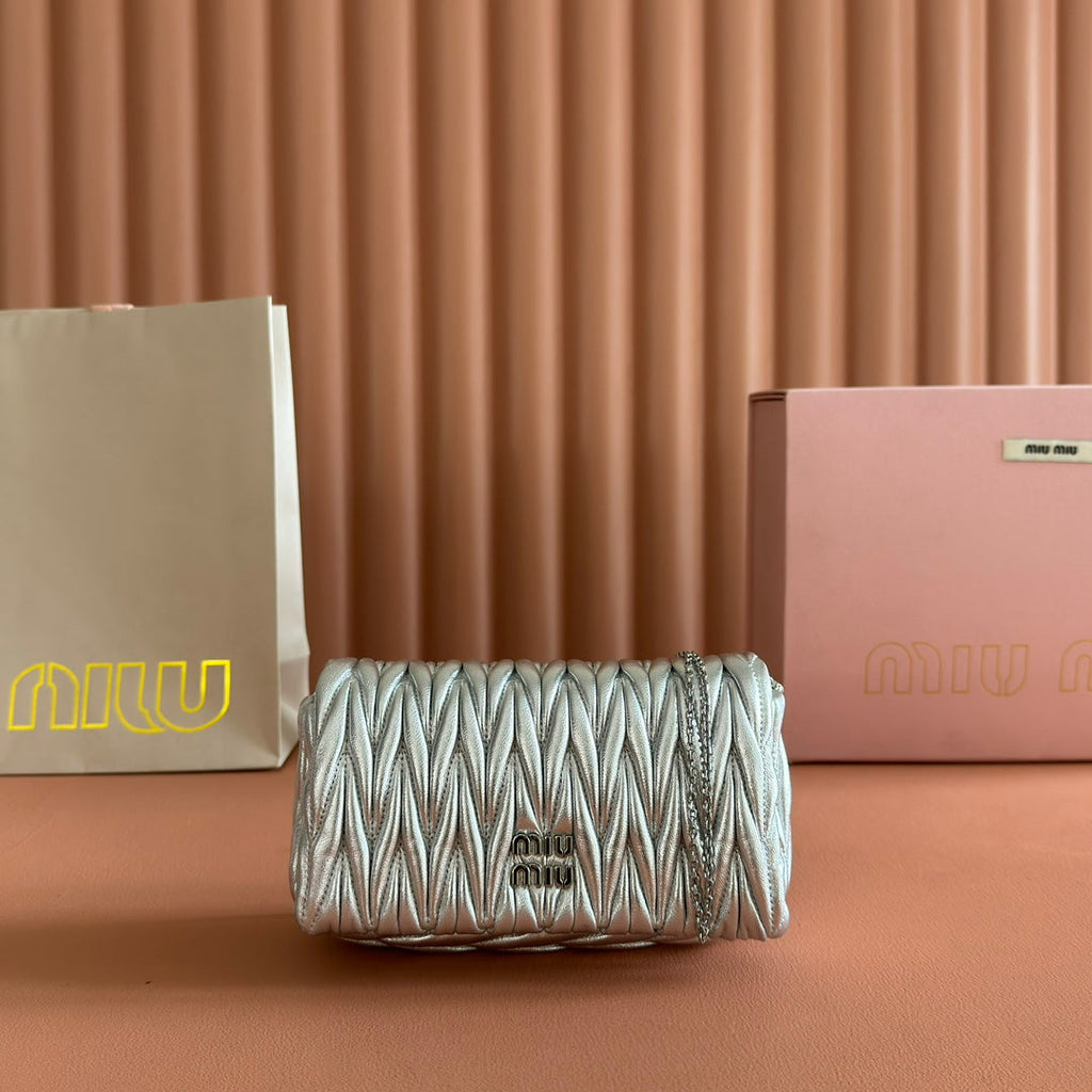MIUMIU 26S MATELASSE MINI BAG 18 IN SILVER CALFSKIN SILVER HARDWARE