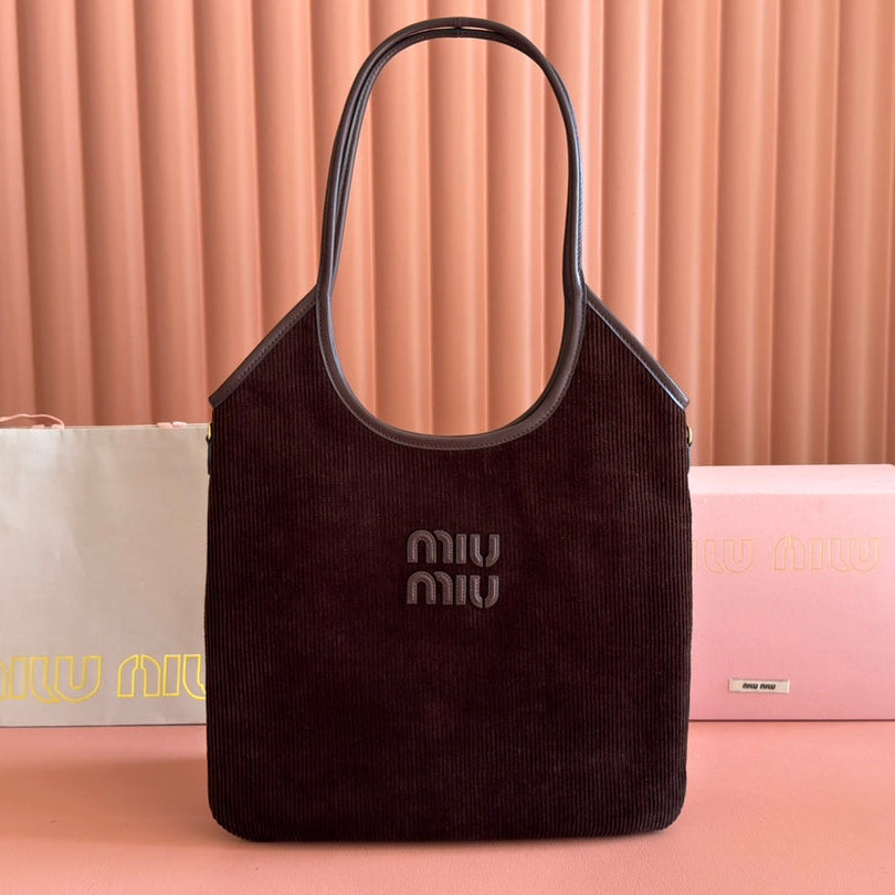 MIUMIU 26S IVY 40 TOTE IN CHOCOLATE BROWN CANVAS AND DARK BROWN CALFSKIN