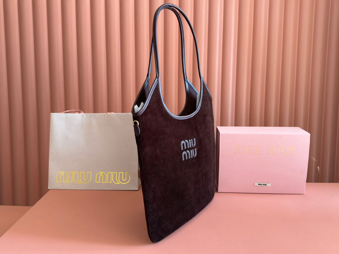 MIUMIU 26S IVY 40 TOTE IN CHOCOLATE BROWN CANVAS AND DARK BROWN CALFSKIN