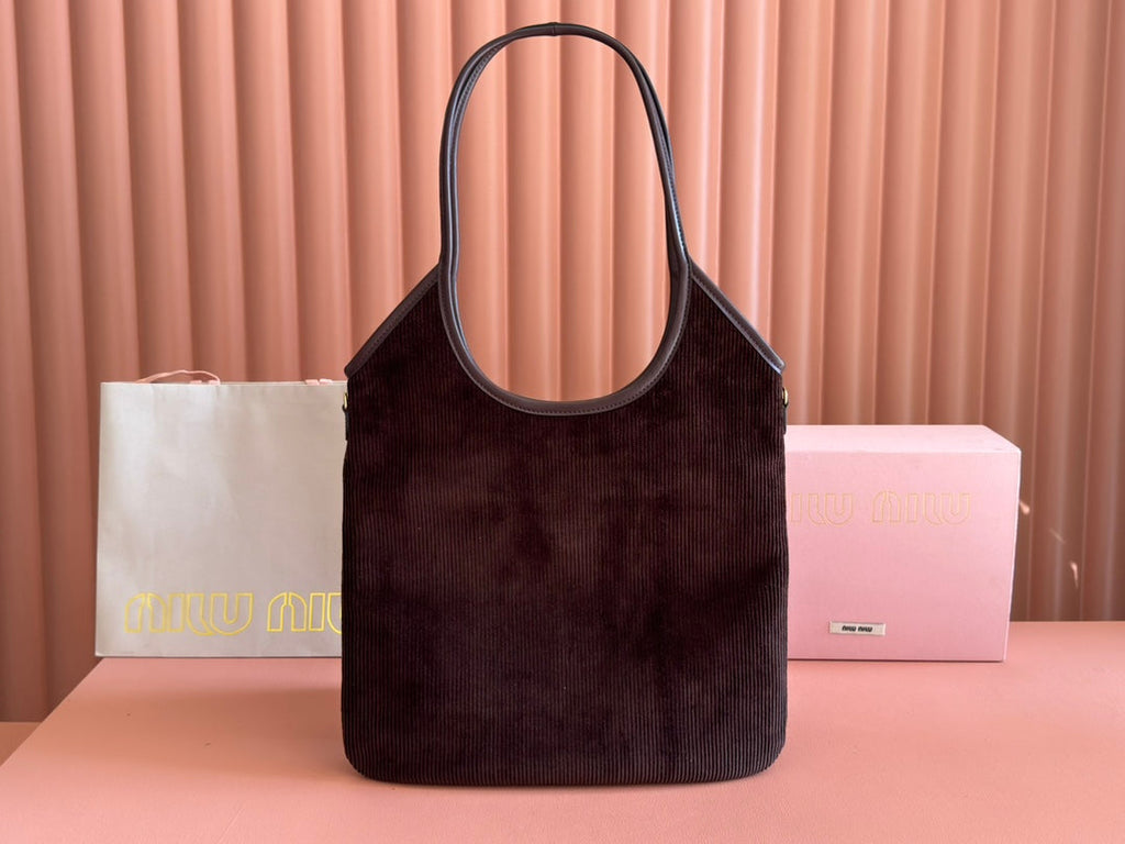 MIUMIU 26S IVY 40 TOTE IN CHOCOLATE BROWN CANVAS AND DARK BROWN CALFSKIN