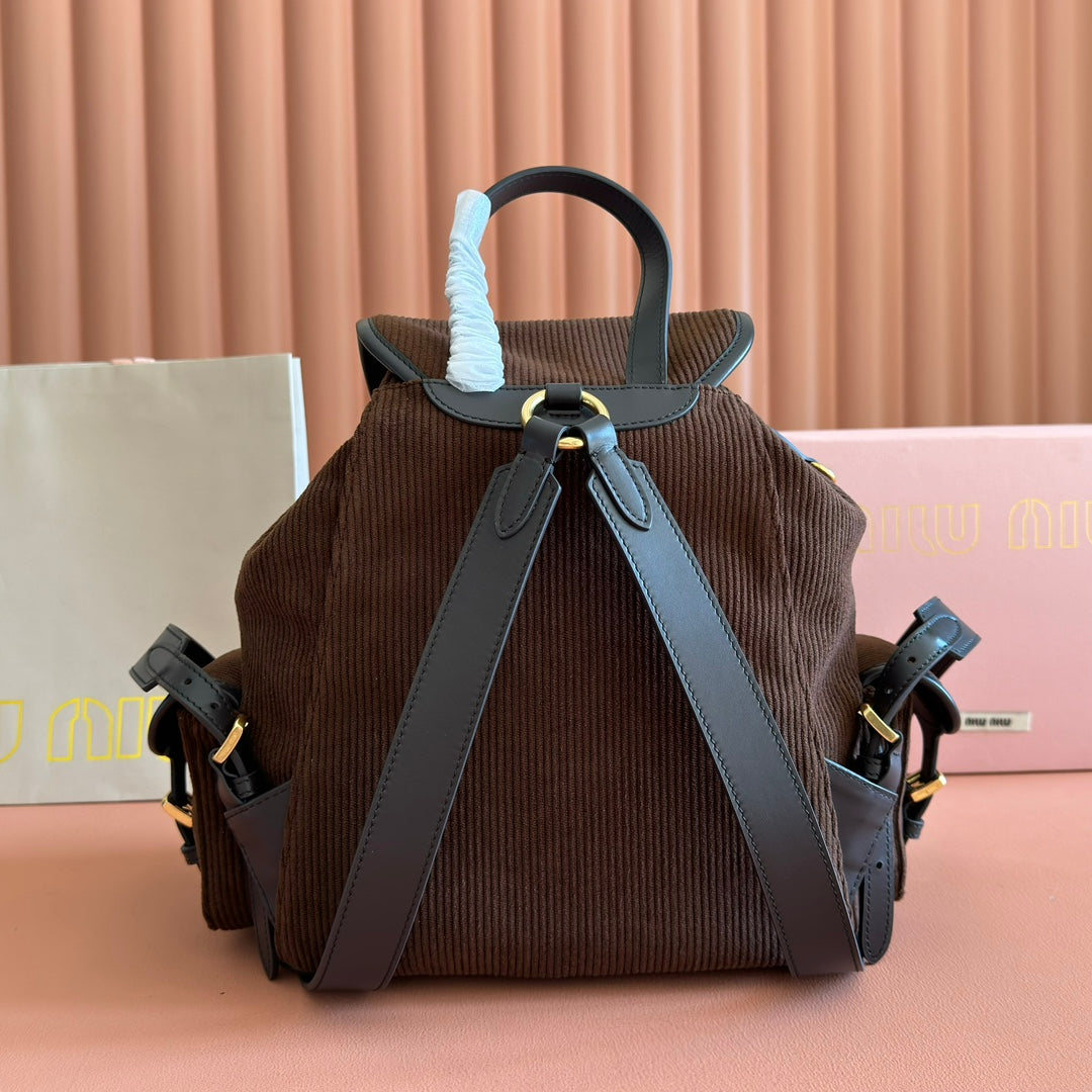 MIUMIU 26S MEDIUM BACKPACK 29 IN CHOCOLATE BROWN CANVAS BLACK CALFSKIN