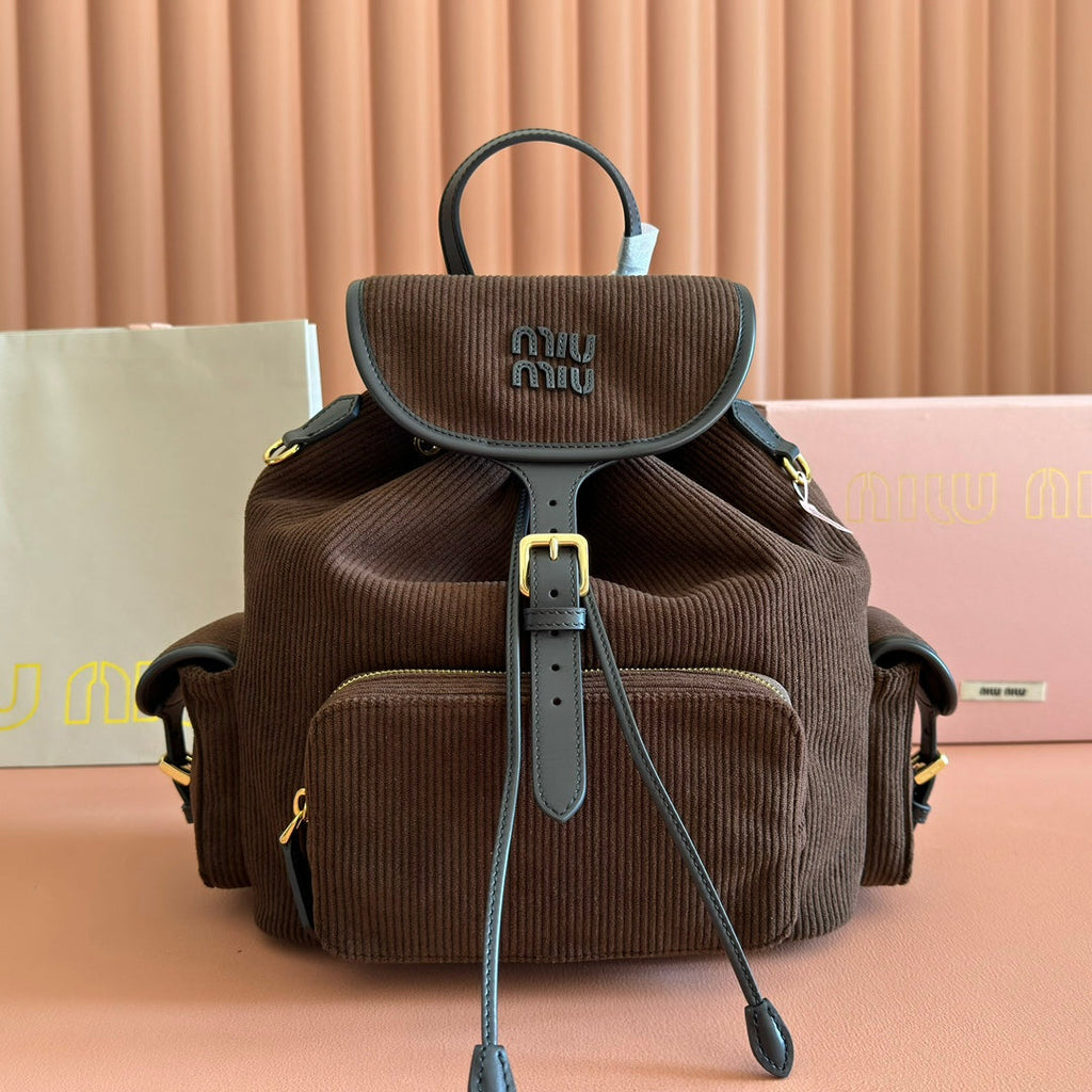 MIUMIU 26S MEDIUM BACKPACK 29 IN CHOCOLATE BROWN CANVAS BLACK CALFSKIN