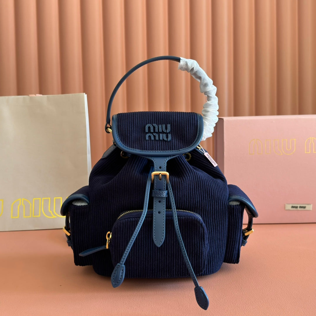 MIUMIU 26S BACKPACK 22 IN DARK BLUE CANVAS BLUE CALFSKIN