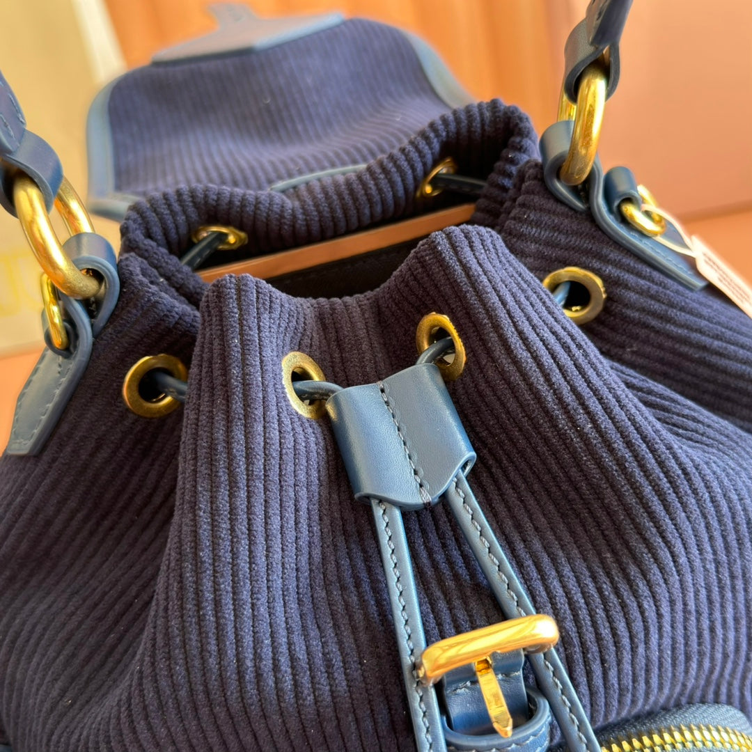 MIUMIU 26S BACKPACK 22 IN DARK BLUE CANVAS BLUE CALFSKIN