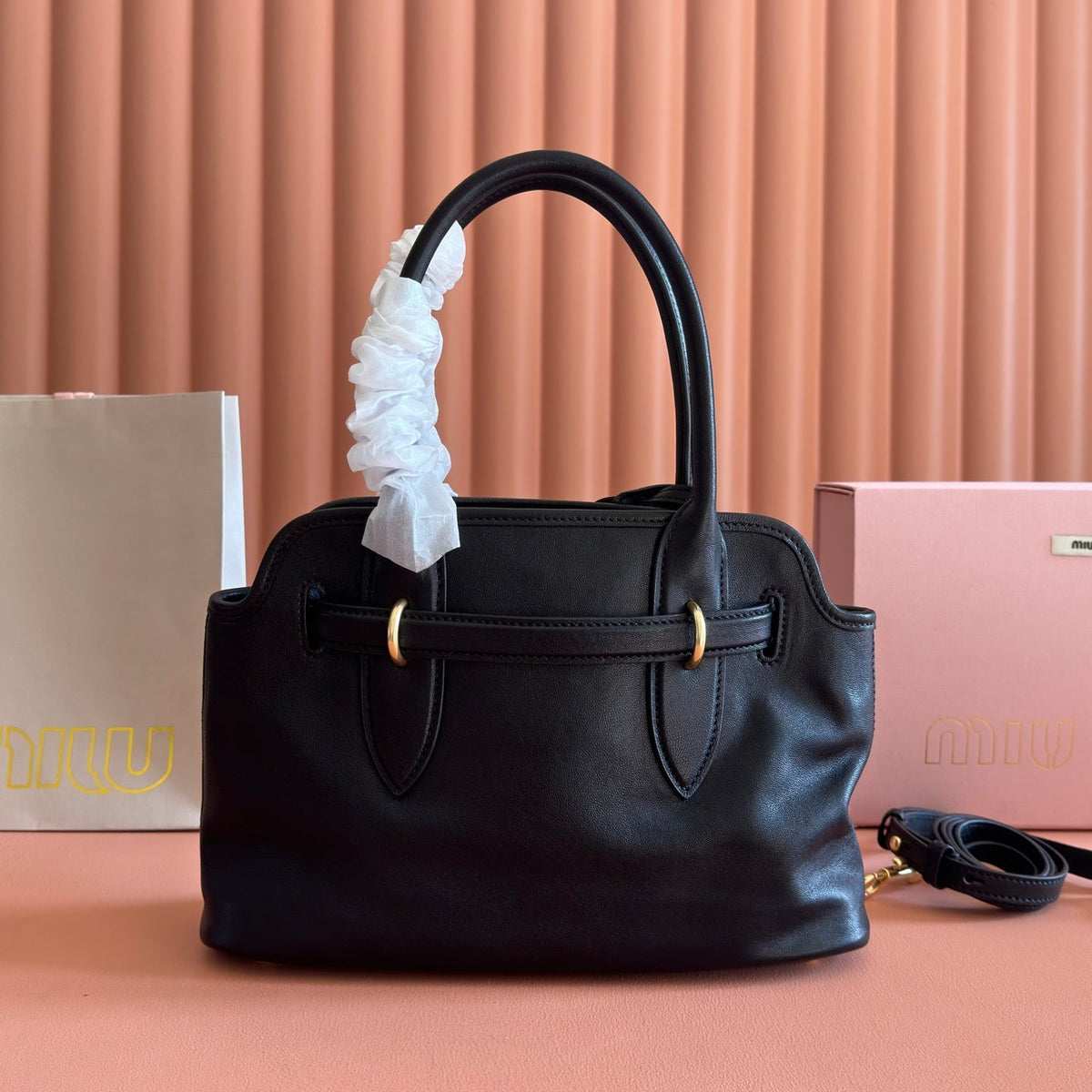 MIUMIU 26S BORSA AVENTURE BAG 30 IN BLACK CALFSKIN GOLD HARDWARE