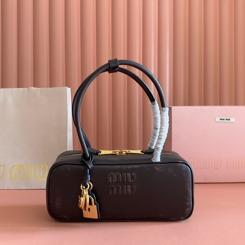 MIUMIU 26S BEAU TOP HANDLE BAG 28 IN BLACK CALFSKIN GOLD HARDWARE