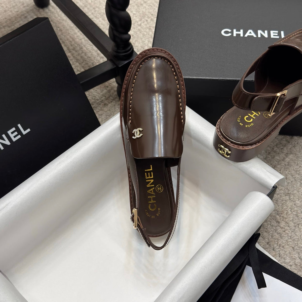CHANEL 25C Slingback Loafer Chocolate Patent Leather