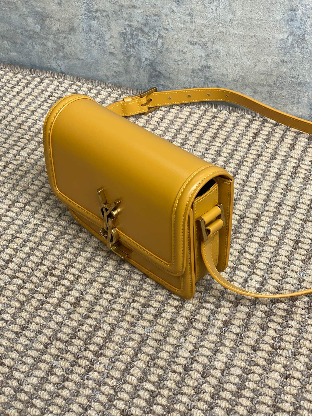 SOLFERINO SMALL SATCHEL 19 IN SAFFRON YELLOW CALFSKIN GOLD HARDWARE