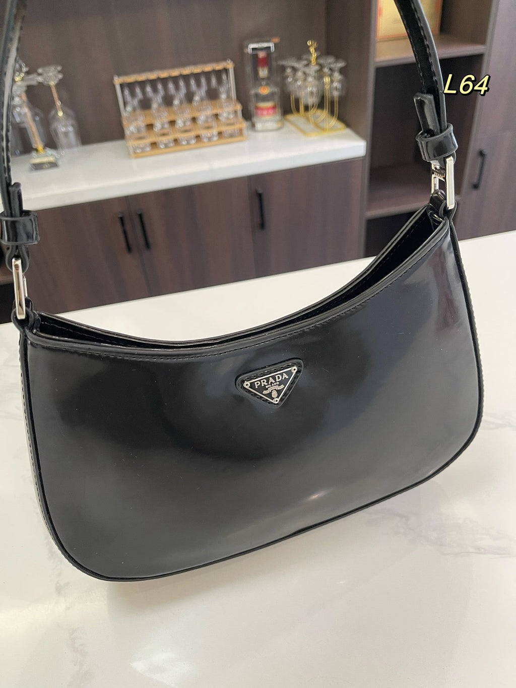 PRADA 30 CLEO SHOULDER BAG IN BLACK BRUSHED LEATHER