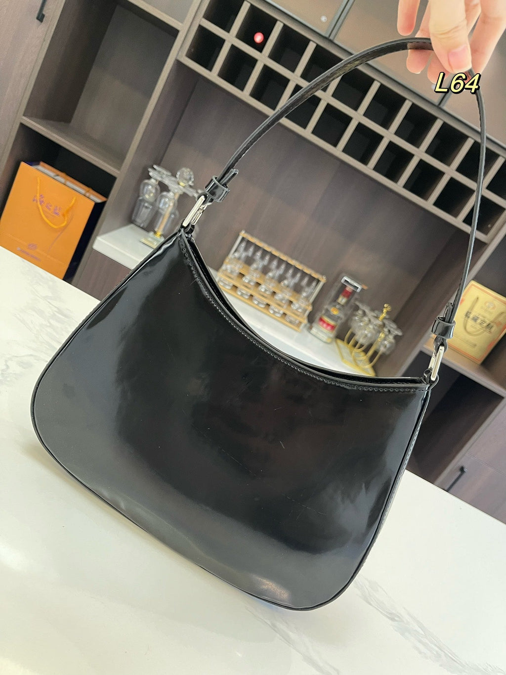 PRADA 30 CLEO SHOULDER BAG IN BLACK BRUSHED LEATHER