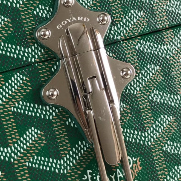CASSETTE TRUNK BAG 21 IN GREEN GOYARDINE CANVAS & CLAMECY COWHIDE