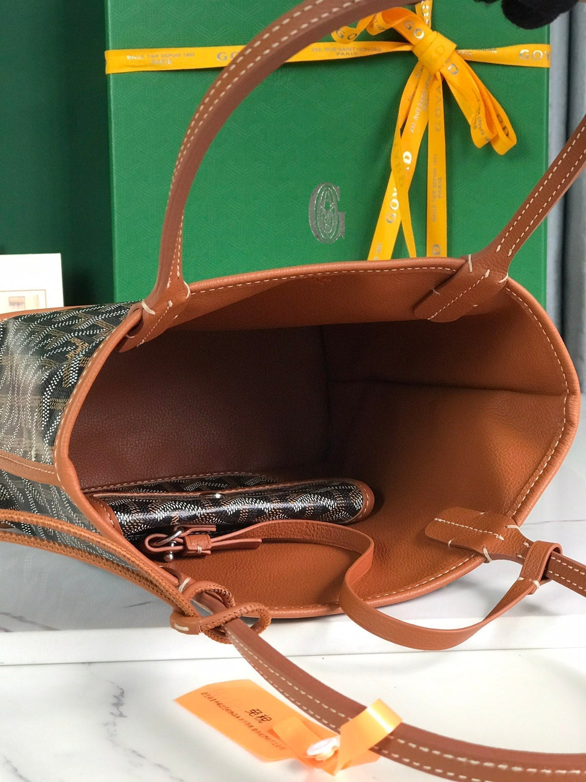 ANJOU MINI BAG 20 IN TAN CALFSKIN AND BLACK GOYARDINE CANVAS