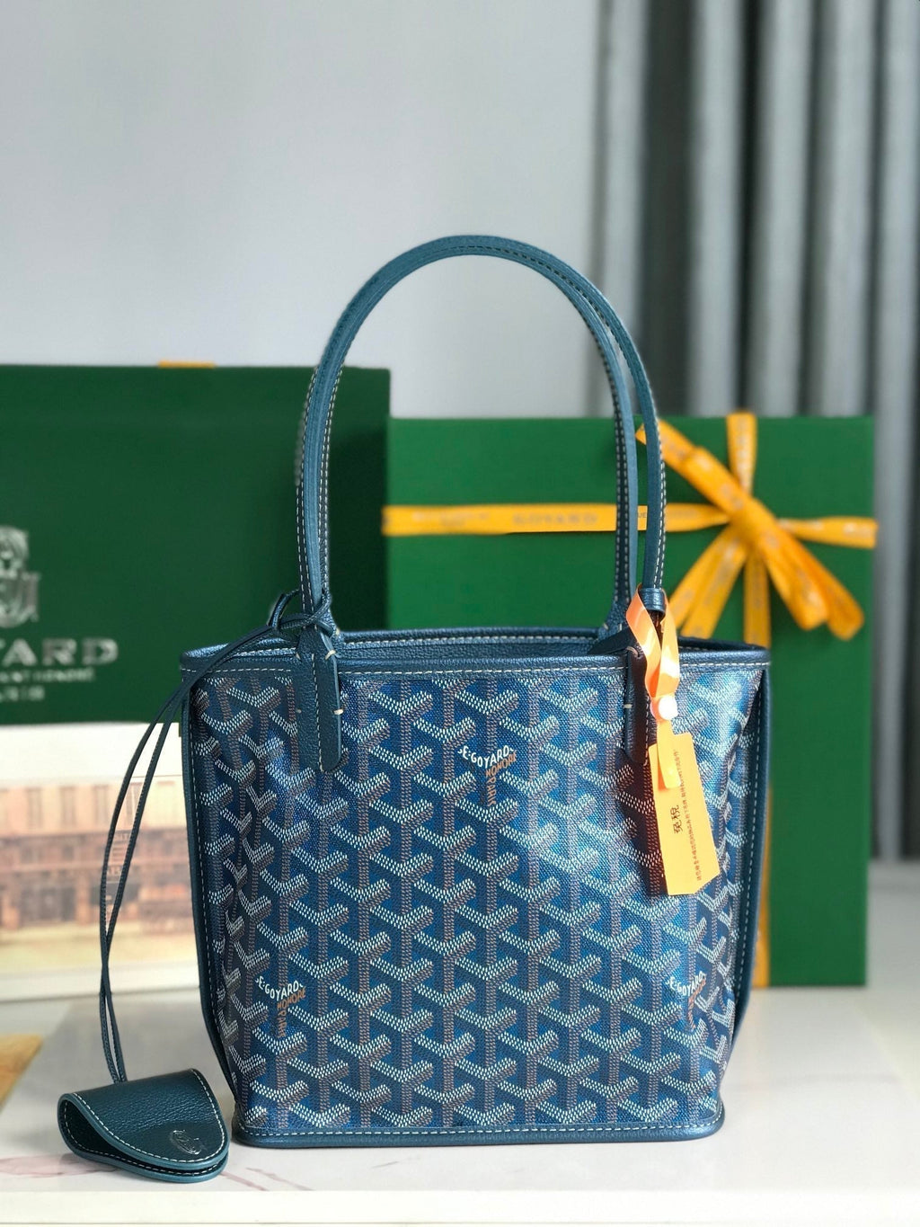 ANJOU MINI BAG 20 IN NAVY BLUE  CALFSKIN AND GOYARDINE CANVAS