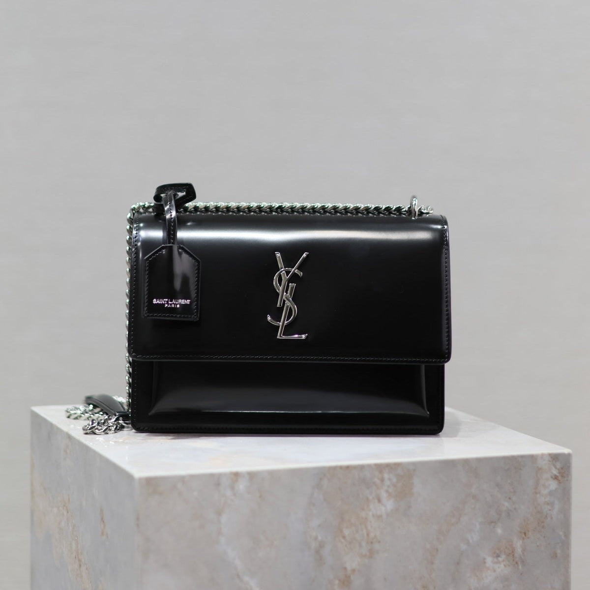 YSL 25S SUNSET MEDIUM 22 IN BLACK SHINY CALFSKIN SILVER HARDWRE
