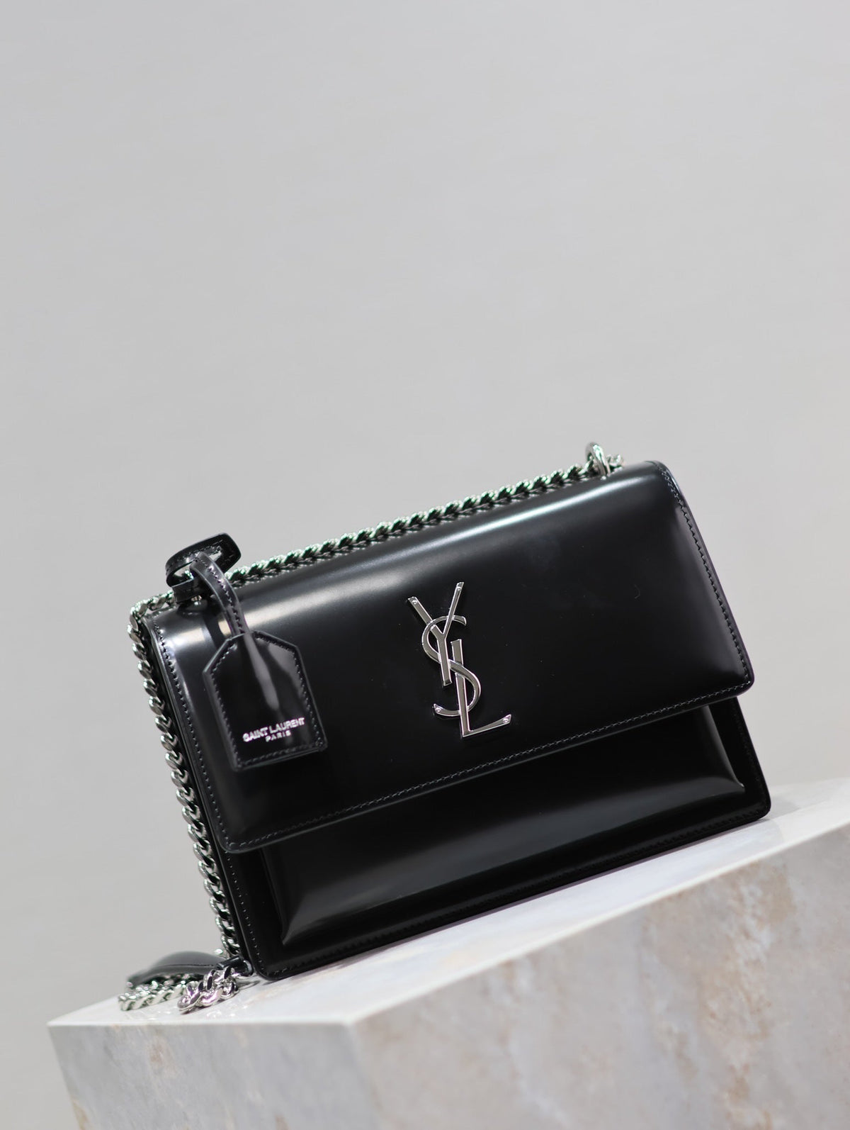 YSL 25S SUNSET MEDIUM 22 IN BLACK SHINY CALFSKIN SILVER HARDWARE