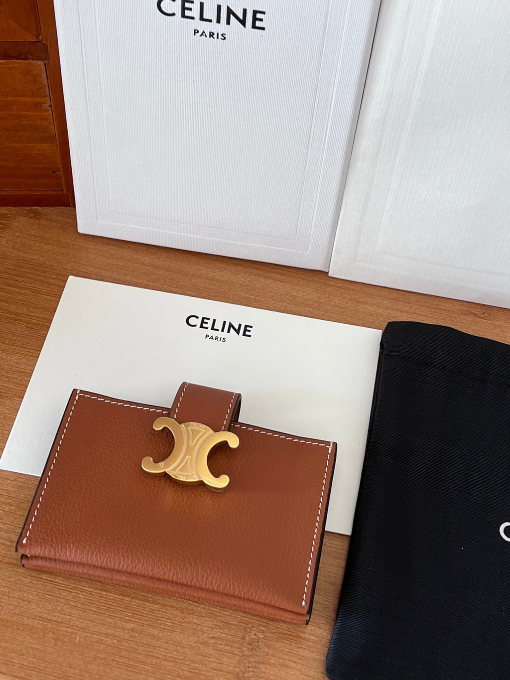 CELINE 25S TRIOMPHE TRIFOLD WALLET 11 IN BROWN CALFSKIN GOLD HARDWARE