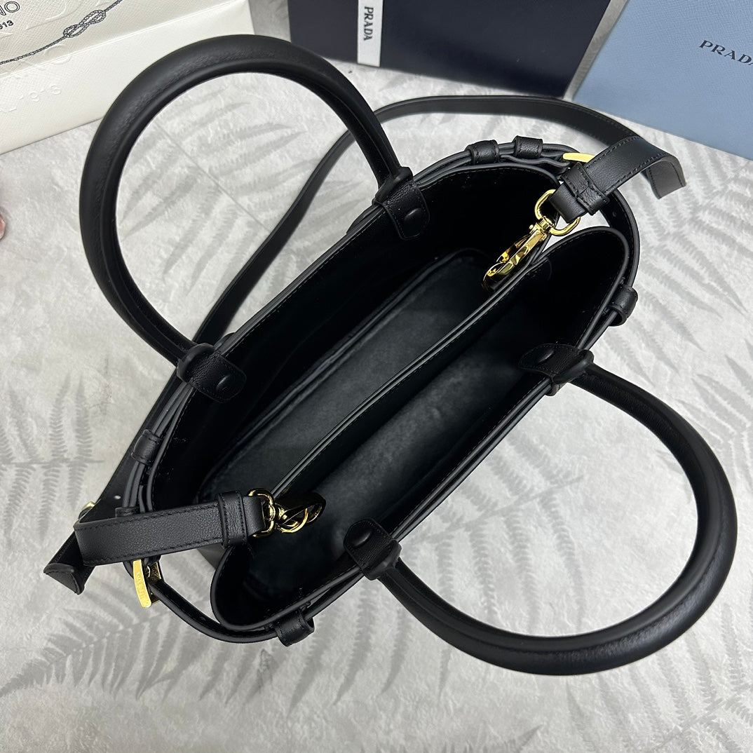 PRADA 25S BUCKLE MEDIUM HANDBAG 28 IN BLACK CALFSKIN GOLD HARDWRE