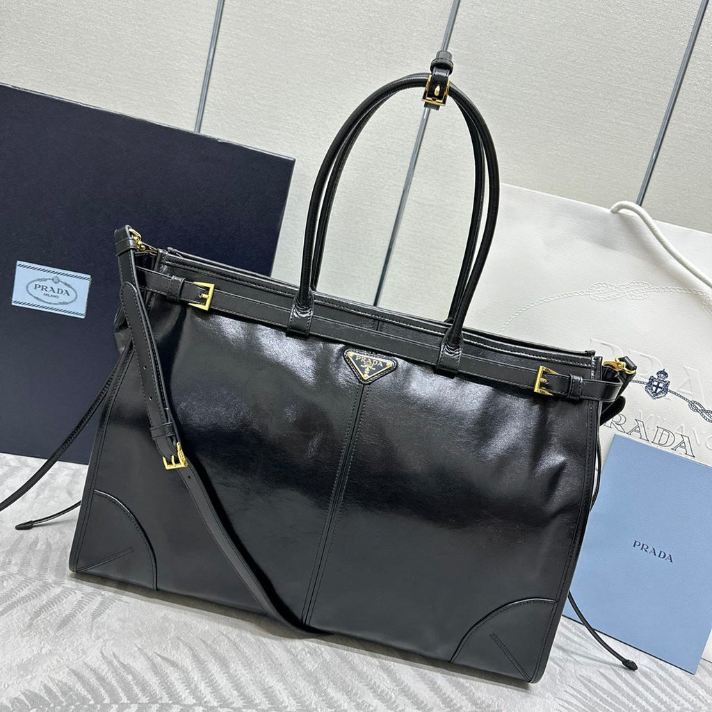 PRADA TOTE BAG WITH BELT 42 IN BLACK OIL WAX LAMBSKIN GOLD HARDWARE