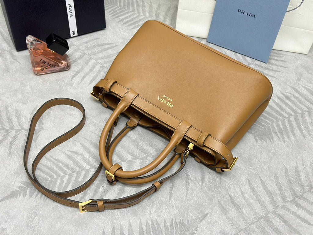 PRADA 25S BUCKLE MEDIUM HANDBAG 28 IN CARAMEL CALFSKIN GOLD HARDWRE