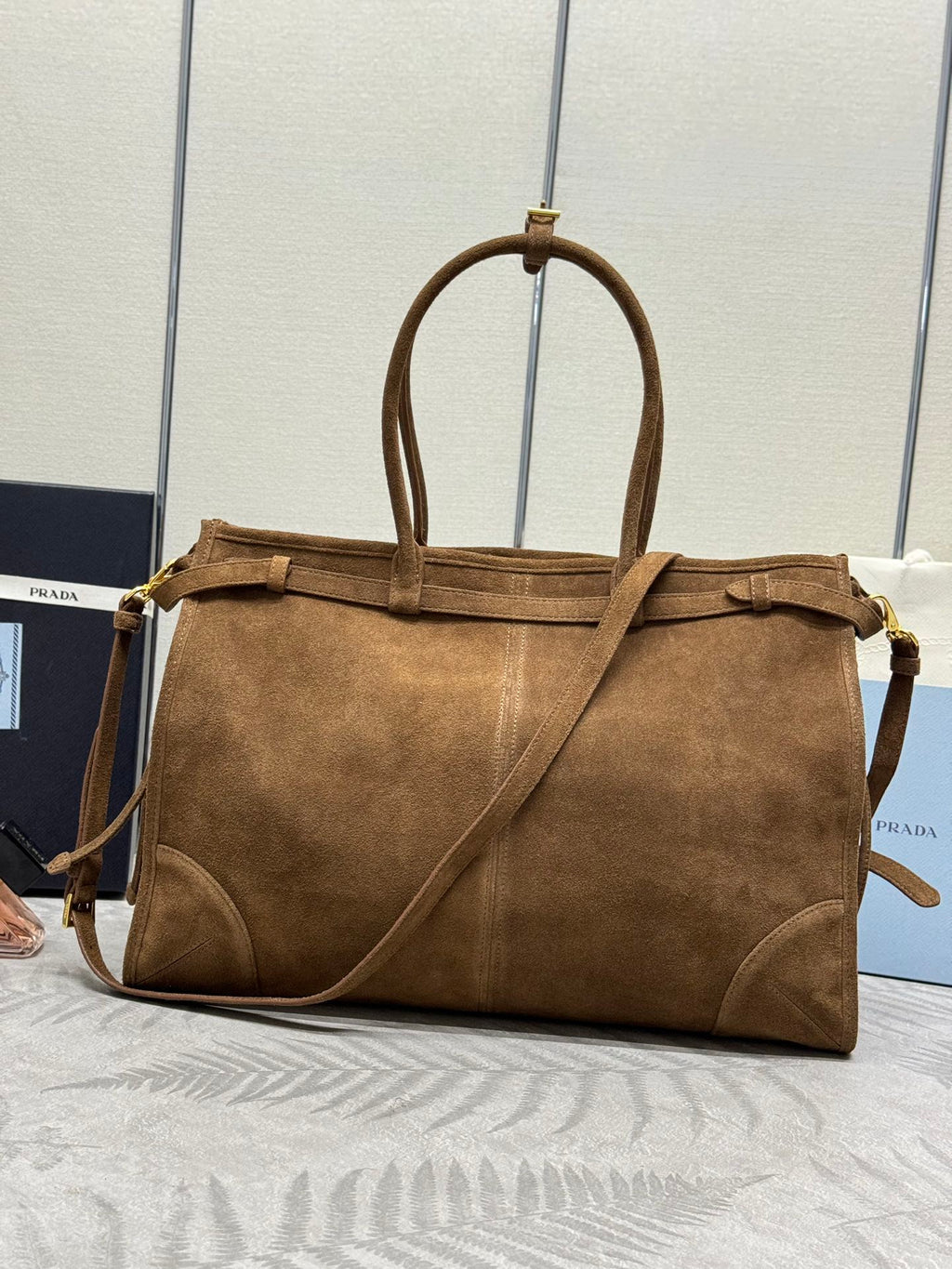 PRADA TOTE BAG WITH BELT 42 IN RUSSET BROWN SUEDE GOLD HARDWARE