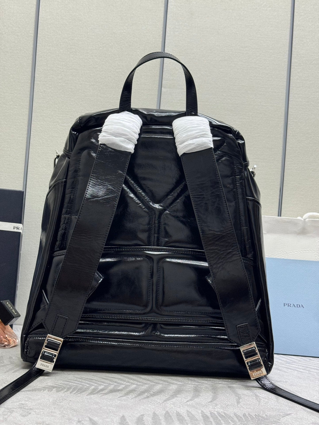 PRADA 25S BACKPACK 45 IN BLACK GLOSSY CALFSKIN SILVER HARDWARE