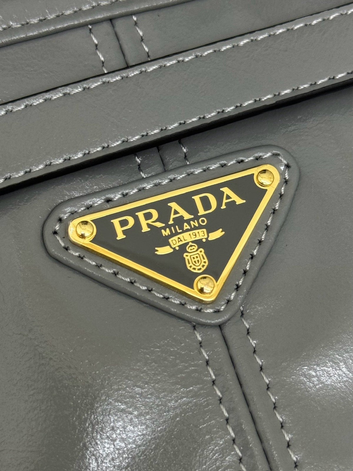 PRADA 25S LUX SOFT BAG 42 IN GRAY GLOSSY CALFSKIN GOLD HARDWRE