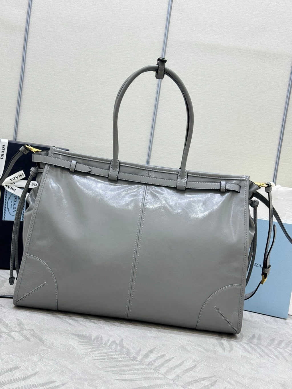 PRADA 25S LUX SOFT BAG 42 IN GRAY GLOSSY CALFSKIN GOLD HARDWRE