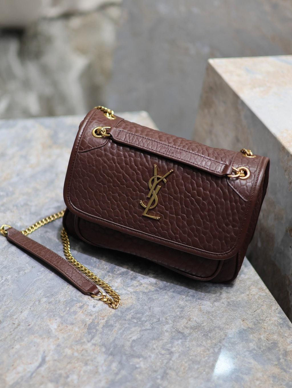 Niki mini crinkled shoulder 22 in Chestnut Brown Lamskin Gold Hardware
