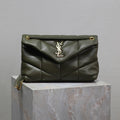 YSL 25S LOULOU PUFFER MM 29 IN DARK OLIVE CALFSKIN GOLD HARDWRE
