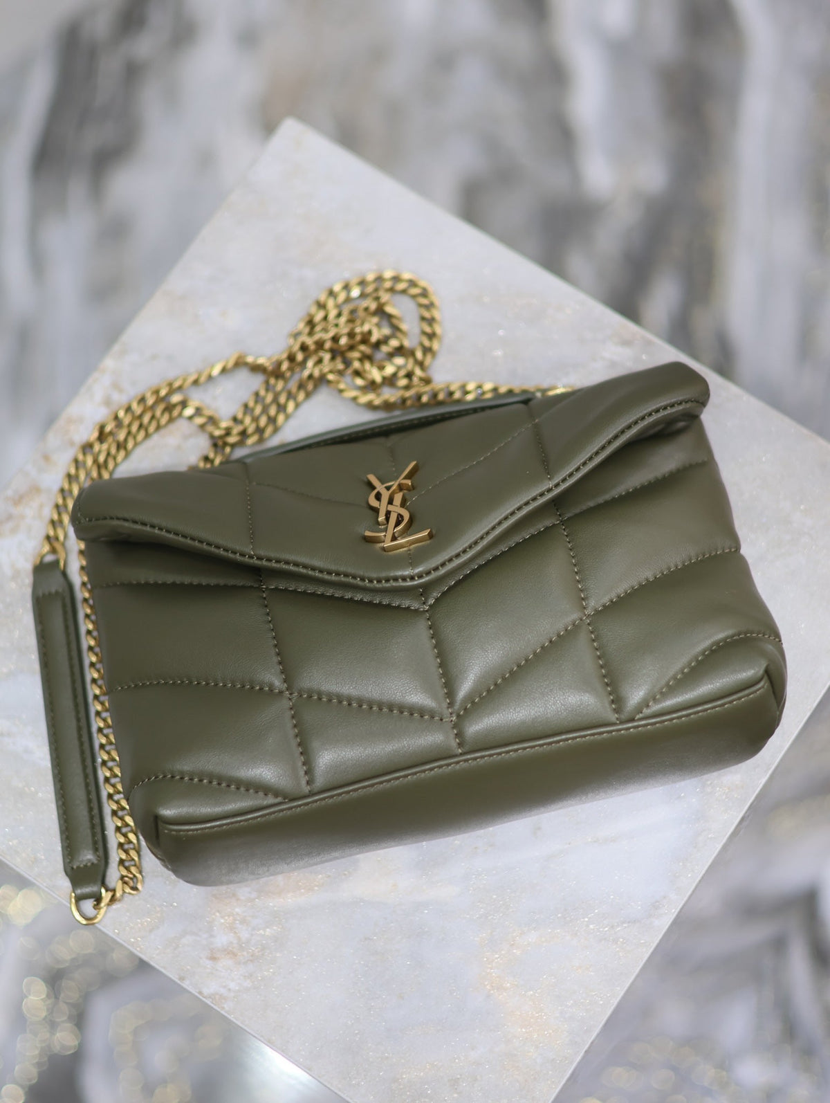 YSL 25S LOULOU PUFFER MINI 23 IN DARK OLIVE CALFSKIN GOLD HARDWARE