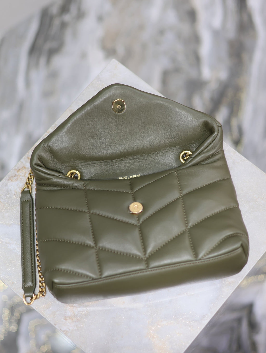 YSL 25S LOULOU PUFFER MINI 23 IN DARK OLIVE CALFSKIN GOLD HARDWRE