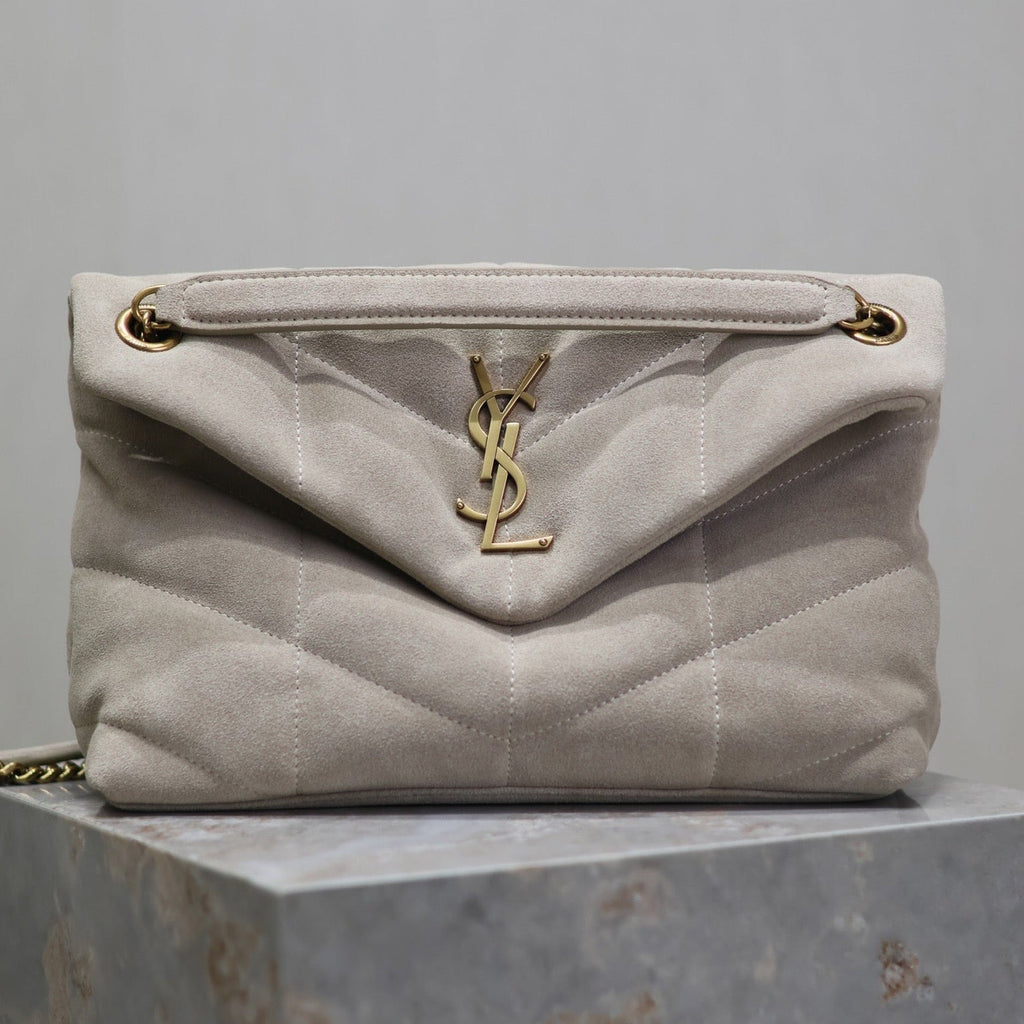 YSL 25S LOULOU PUFFER MM 29 IN SMOKEY TAUPE SUEDE GOLD HARDWRE
